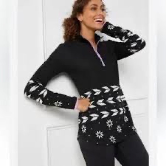 T by Talbots 1/4 Zip Pullover Sweater Black and Pink Size MP - Picture 1 of 7
